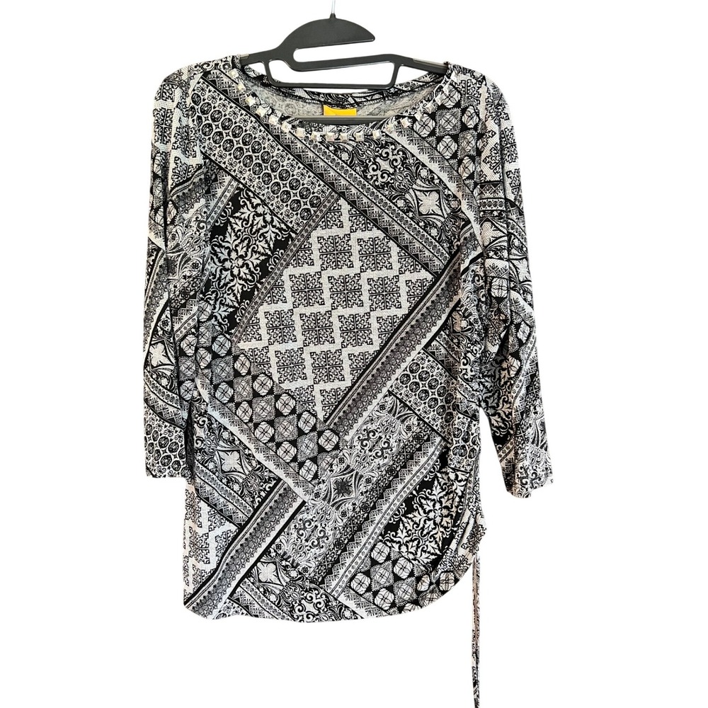 Ruby Rd Womens BlackWhite Geometric Patchwork Studded Cinch 3/4 Sleeve Top Large